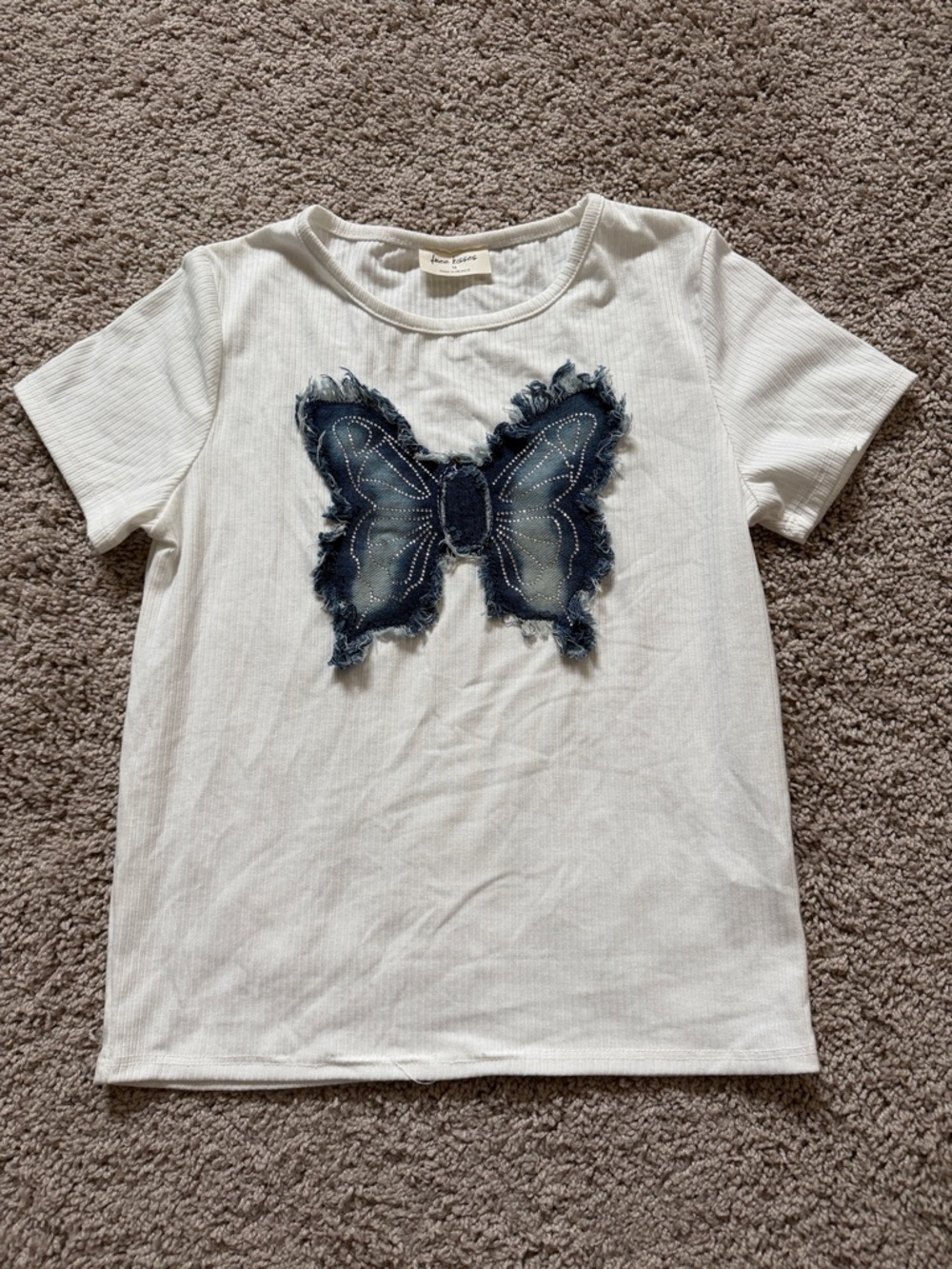 Girls White Short Sleeve Tee with Denim Butterfly Applique